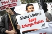 rally outside the Myanmar embassy in Jakarta yesterday to denounce violence against Rohingya Muslims in Myanmar