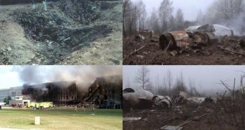 Photographs of the Tupelov 154, a plane roughly identical to those from 9/11, compared with the alleged crash sites both at the Pentagon, and in Shanksville, Pennsylvania.