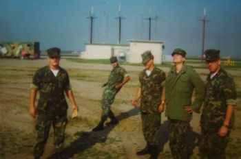 Marines at El Toro's MWSG-37 area in 1982.  Marines from left; Bob Myer, Carlos Lopez, unidentified, Robert Stover and Michael Jung.