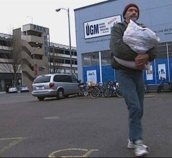 Homeless man leaving Salem's Union Gospel Mission. Photo by Tim King KATU/Salem-News.com