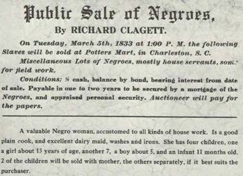 1833 advertising a slave selling event in Charleston, S.C.